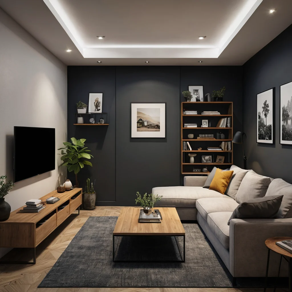 Фотореалистичное изображение тесной, визуально загроможденной гостиной с низким потолком, темными цветами и тусклым освещением, демонстрирующее психологический эффект замкнутого пространства и ощущение клаустрофобии.