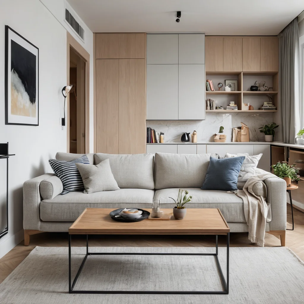 Визуализация студии с разметкой идеальных размеров для компактного дивана-кровати, подчеркивающая важность определения потребностей и функциональности в маленьких пространствах.