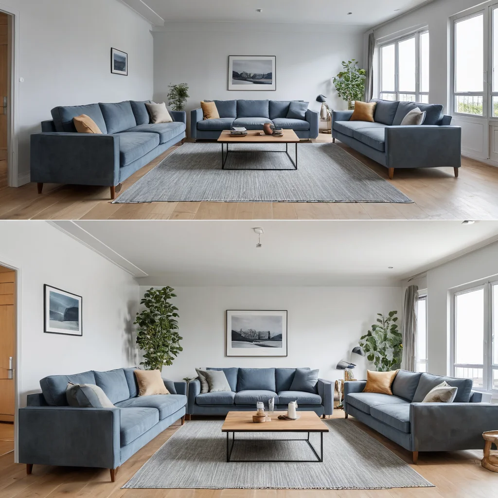Иллюстрация типичных ошибок при выборе дивана для малогабаритной квартиры – например, слишком громоздкий или неудобный диван, занимающий все пространство, в контрасте с продуманным решением.