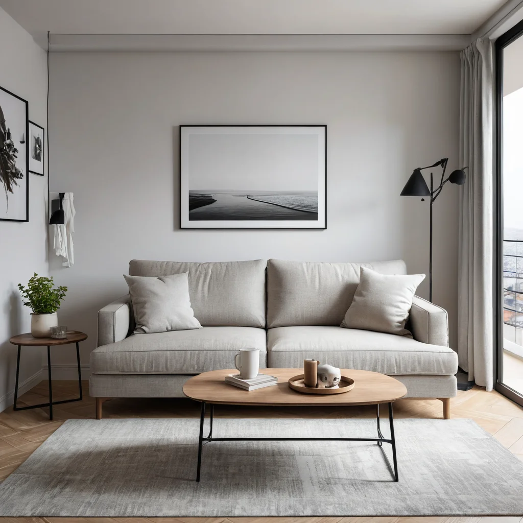 Уютная гостиная в небольшой квартире с акцентом на стильный и компактный диван, который легко трансформируется в кровать, демонстрируя его функциональность для экономии пространства.