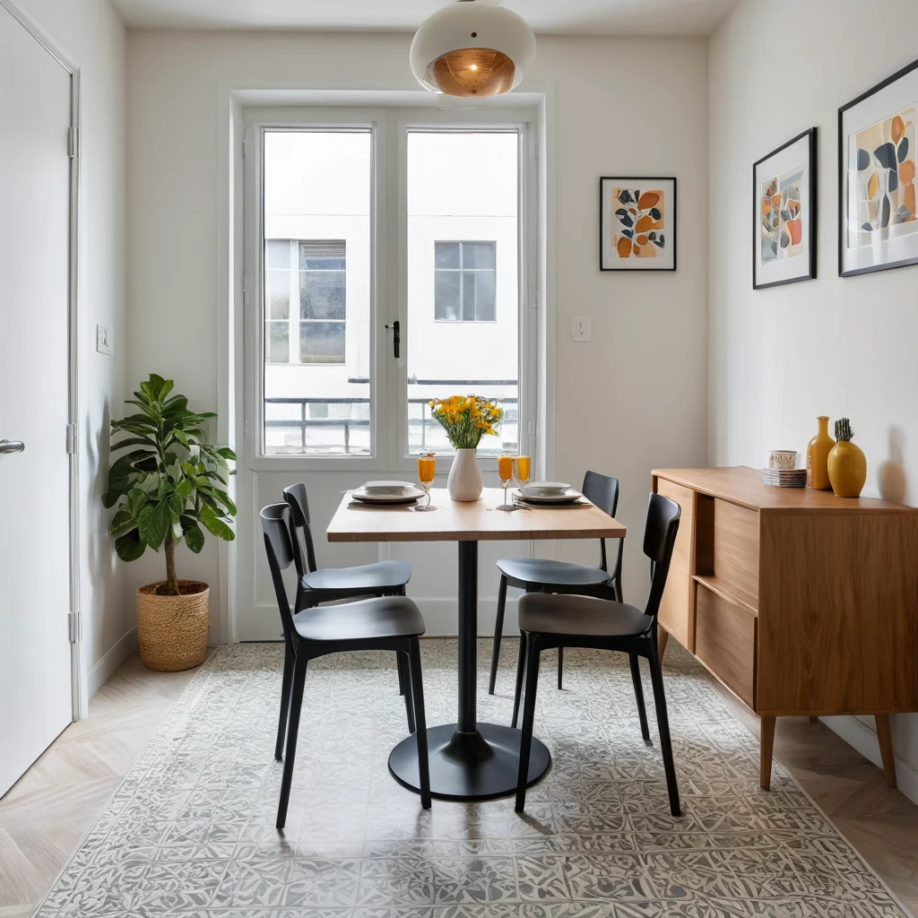 Фотореалистичное изображение компактной обеденной зоны в малогабаритной квартире, демонстрирующее стильное и доступное напольное покрытие из линолеума яркого цвета.