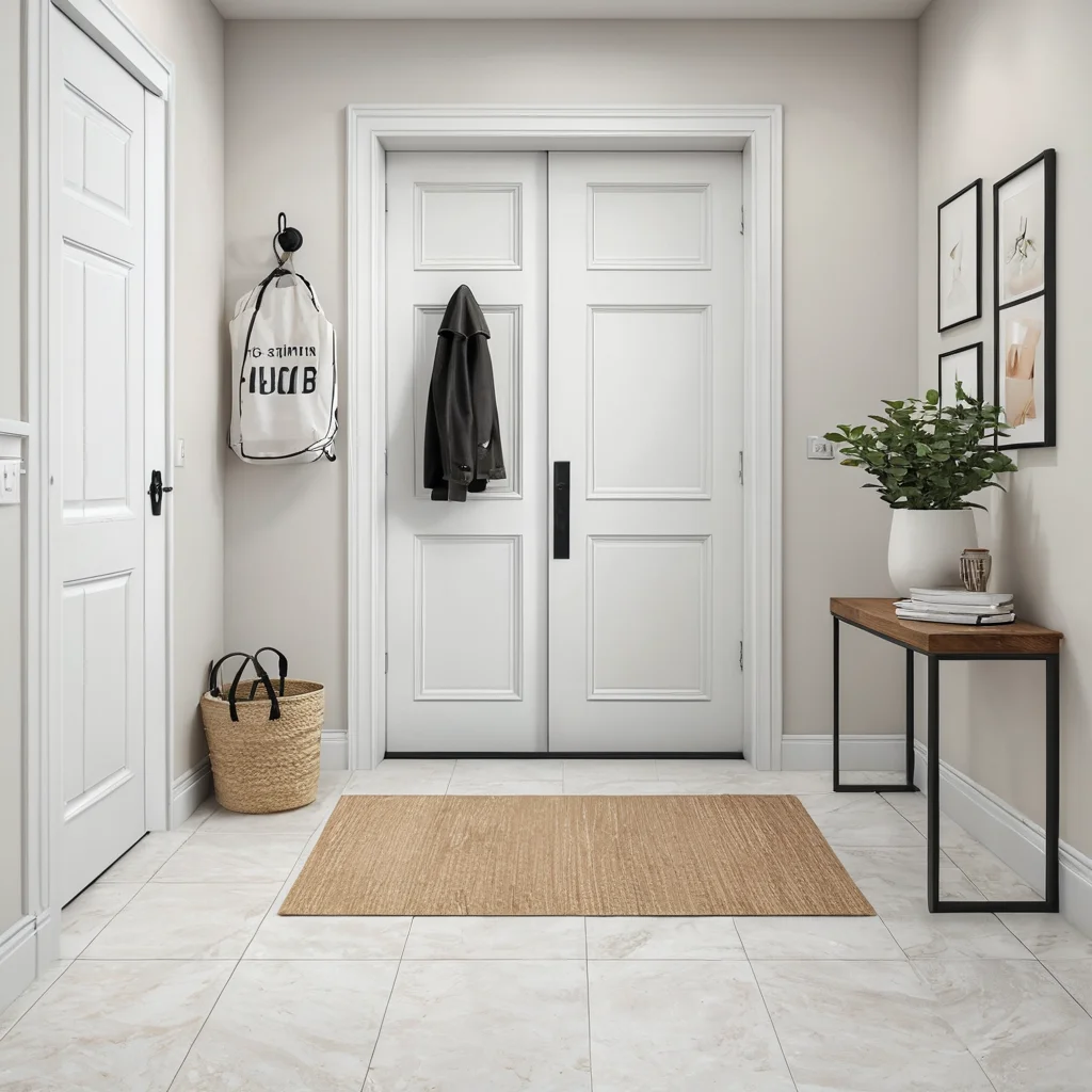 Фотореалистичное изображение прихожей в минималистичной малогабаритной квартире, где на экране отображается чек-лист с рекомендациями по выбору идеального, светлого и практичного напольного покрытия.