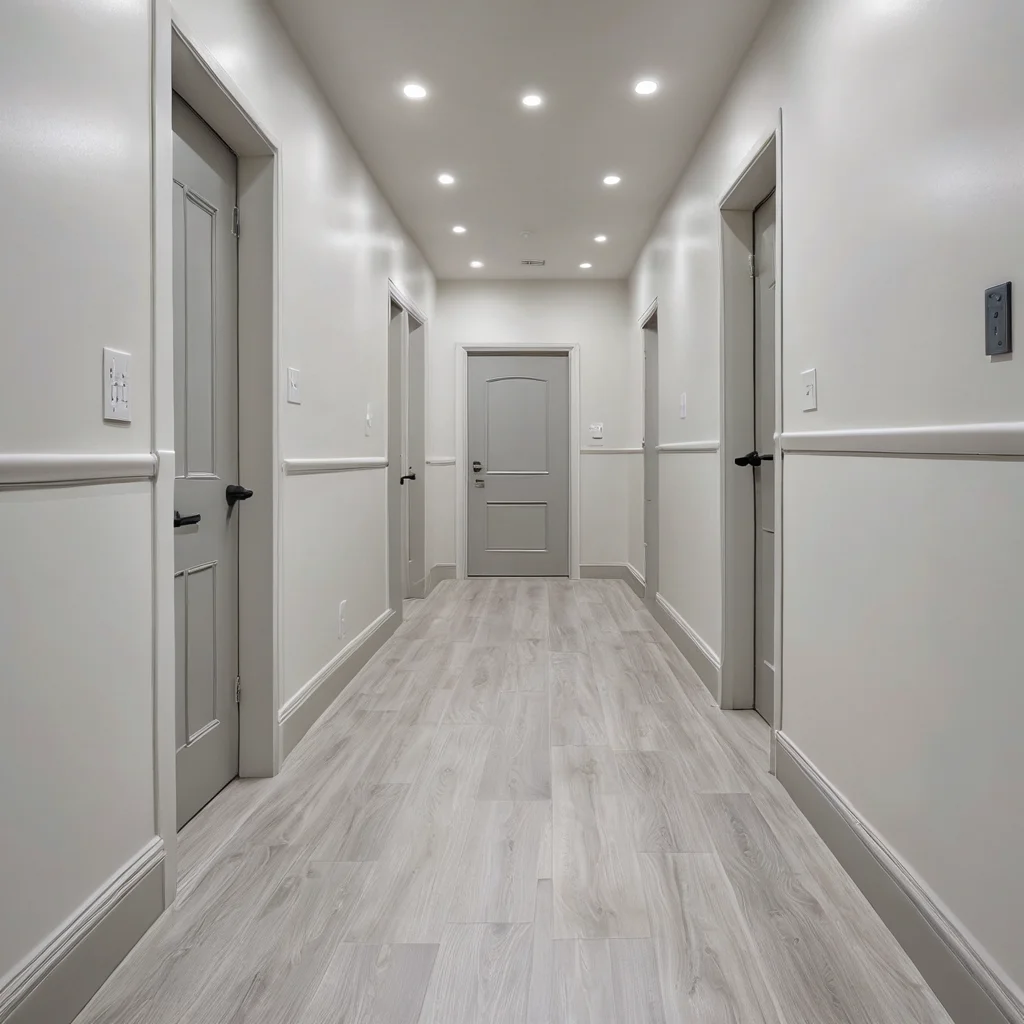 Фотореалистичное изображение практичного и функционального коридора в современной малогабаритной квартире, демонстрирующее износостойкое напольное покрытие из светлого сертифицированного винила (LVT).