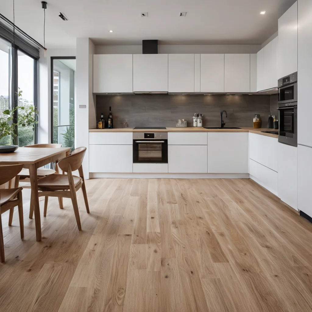 Фотореалистичное изображение современной кухни в небольшой квартире с акцентом на износостойкий, влагостойкий паркет из инженерной древесины, идеально подходящий для зон с высокой проходимостью.