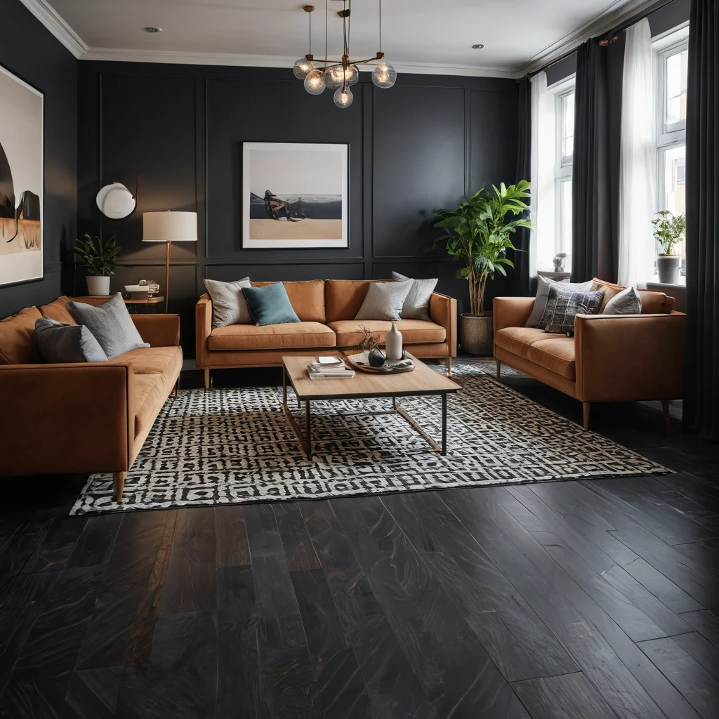 Фотореалистичное изображение гостиной в маленькой квартире с темным, узорчатым напольным покрытием, которое визуально 'съедает' пространство и создает ощущение тесноты.
