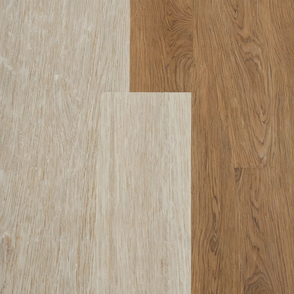 Фотореалистичное изображение образцов напольных покрытий: ламината, паркетной доски, LVT и ковролина, расположенных в нейтральной цветовой гамме для сравнения в условиях малогабаритных квартир.