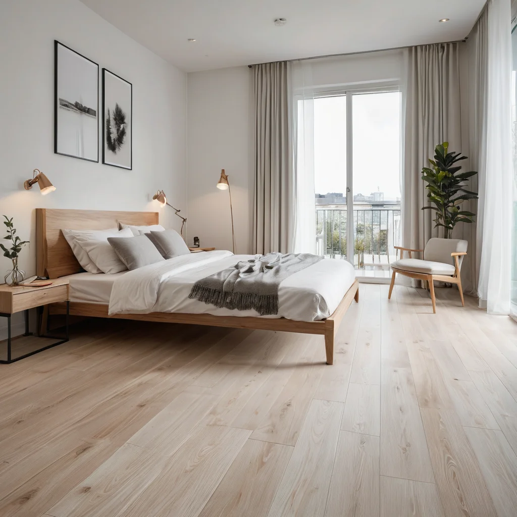 Фотореалистичное изображение спальни в маленькой квартире со светло-серым ламинатом с широкими планками, визуально расширяющим пространство и создающим ощущение простора.