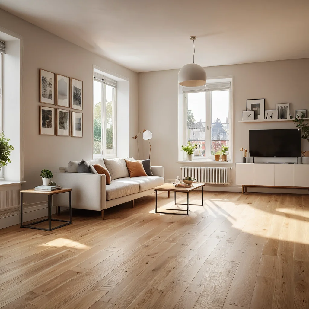 Фотореалистичное изображение уютной гостиной в маленькой квартире с акцентом на теплый, натуральный деревянный пол, который служит фундаментом комфорта.
