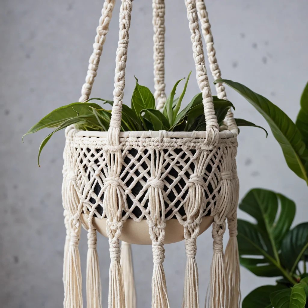 Завершающий этап работы над макраме-кашпо: руки мастера аккуратно подрезают бахрому, добавляют декоративные бусины и применяют средства для придания изделию долговечности, демонстрируя чистовой вид.