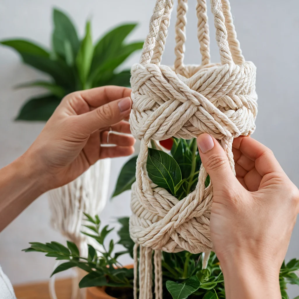 Пошаговый мастер-класс по плетению макраме-кашпо, часть 2: руки мастера демонстрируют формирование узора с использованием основных узлов макраме (квадратный узел, репсовый узел) для создания держателя для цветочного горшка.