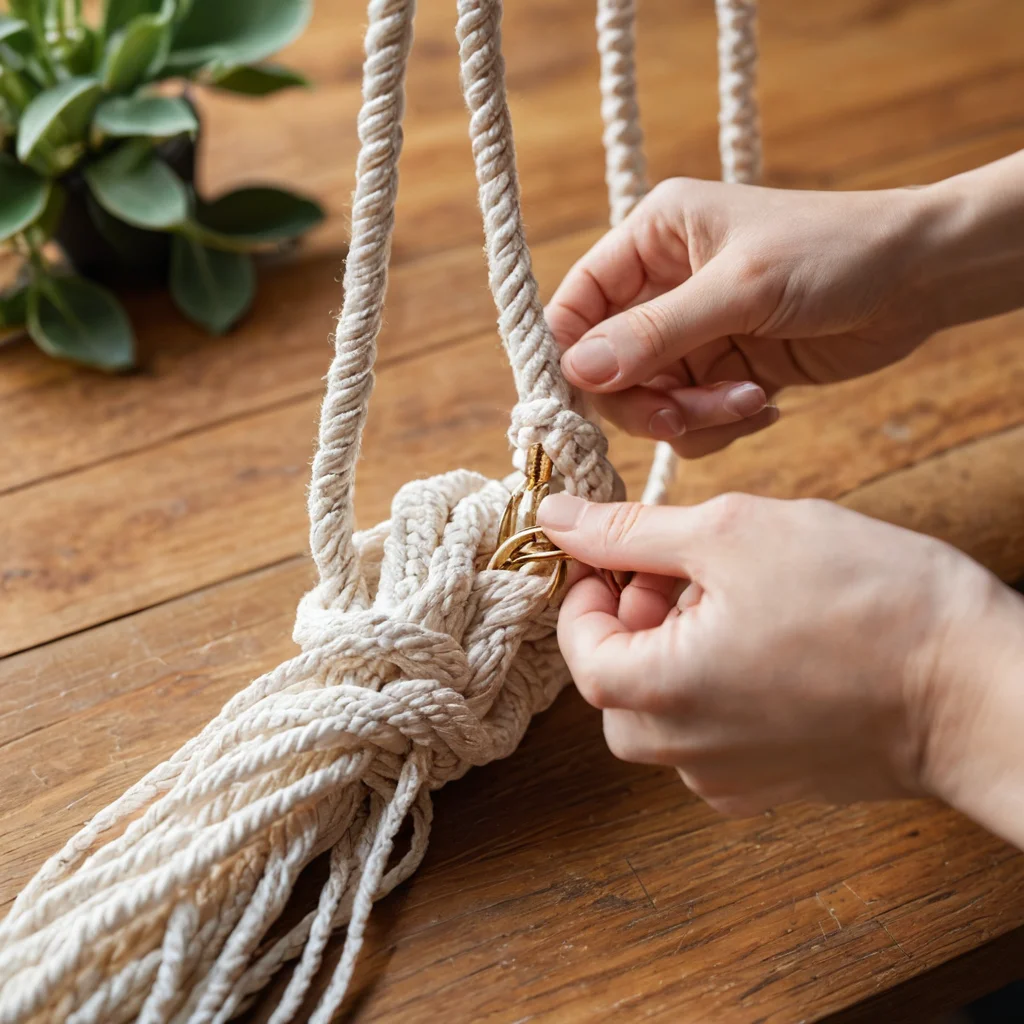 Пошаговый мастер-класс по плетению макраме-кашпо, часть 1: руки мастера нарезают шнуры, отмеряют нужную длину и прикрепляют их к деревянному кольцу с помощью узла