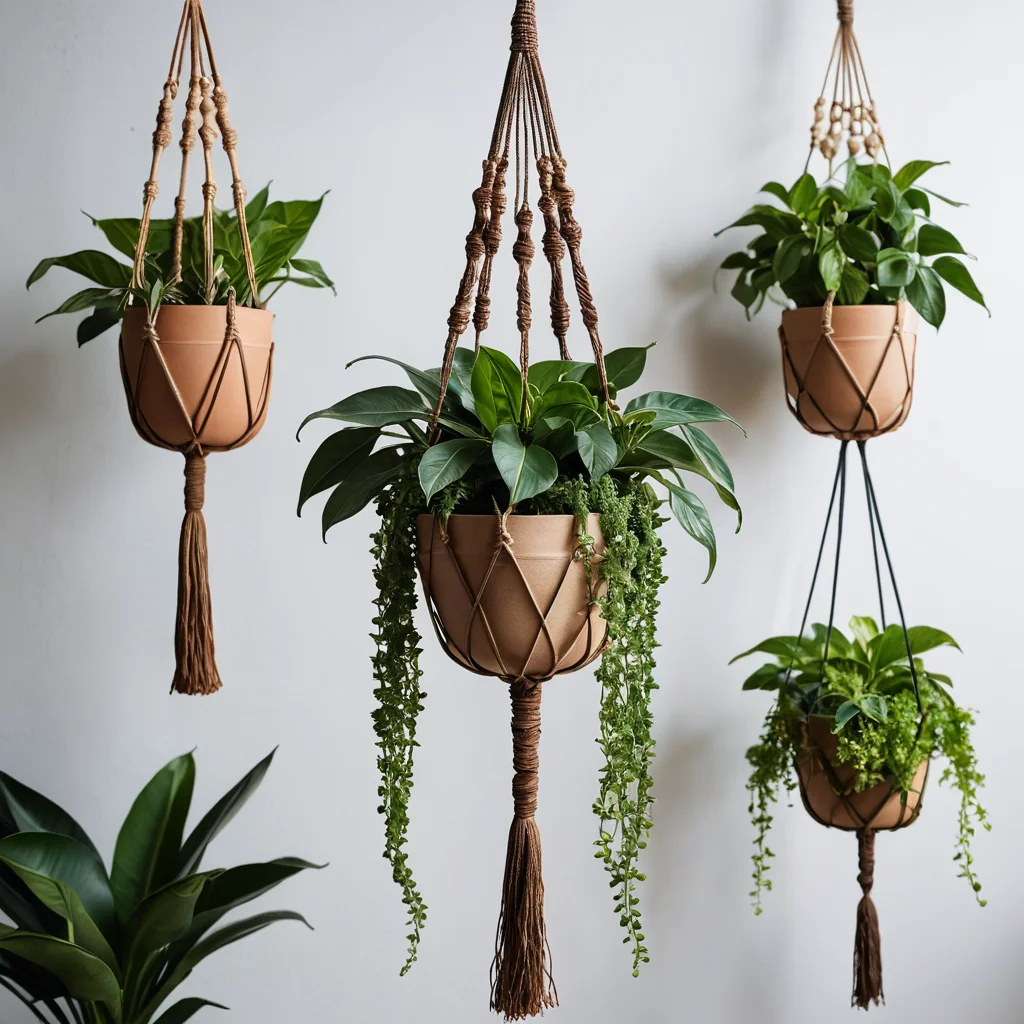 Коллекция разнообразных готовых макраме-кашпо с живыми растениями, украшающих интерьер, демонстрирующая идеи для ухода за ними и вдохновляющая на создание новых проектов для подвесных садов.