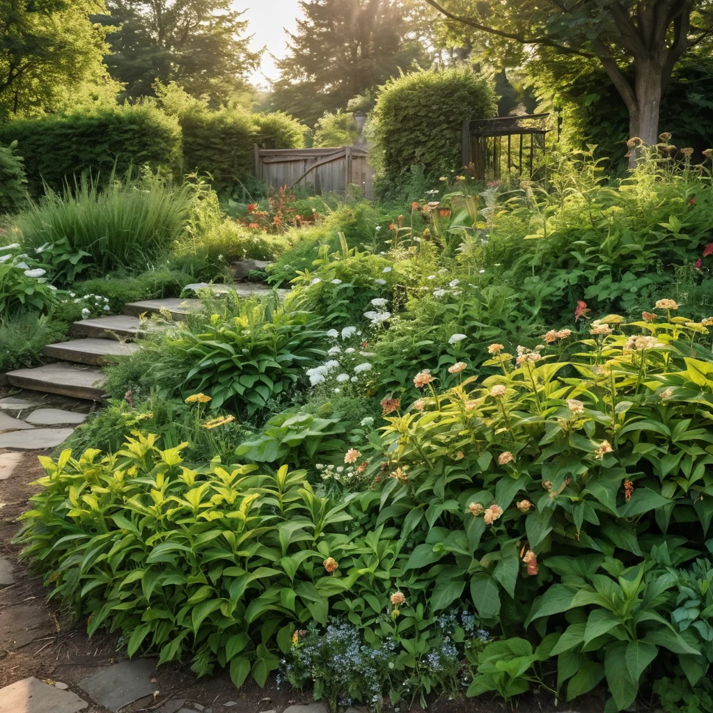 Фотореалистичное изображение запущенной клумбы-календаря: заросли сорняков, неухоженные и увядающие цветы, неравномерная посадка. Визуальный пример распространенных ошибок при создании и уходе за клумбой, иллюстрирующий, чего следует избегать.