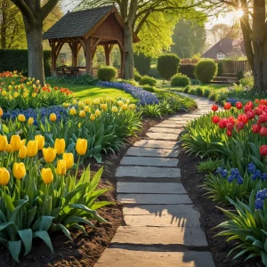 Фотореалистичное изображение цветущего сада весной: клумба с яркими тюльпанами, нарциссами и гиацинтами на фоне свежей зеленой травы, освещенная мягкими утренними солнечными лучами, с каплями росы. Это визуализация идеи клумбы-календаря, демонстрирующей раннее цветение.