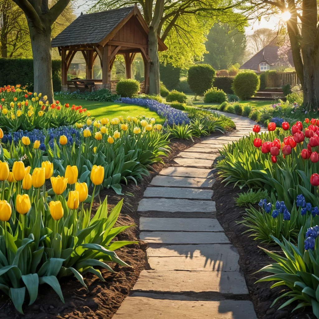 Фотореалистичное изображение цветущего сада весной: клумба с яркими тюльпанами, нарциссами и гиацинтами на фоне свежей зеленой травы, освещенная мягкими утренними солнечными лучами, с каплями росы. Это визуализация идеи клумбы-календаря, демонстрирующей раннее цветение.
