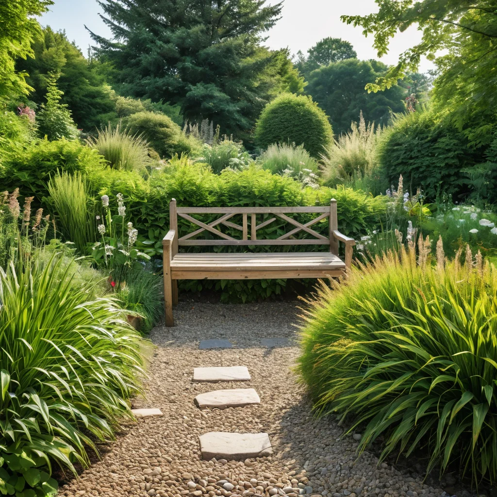 Фотореалистичный вид оформления клумбы-календаря: декоративные элементы, такие как камни, гравийная дорожка, декоративные травы и уютная скамейка, дополняют цветущие многолетники и акцентные растения. Гармоничное сочетание для создания атмосферы.
