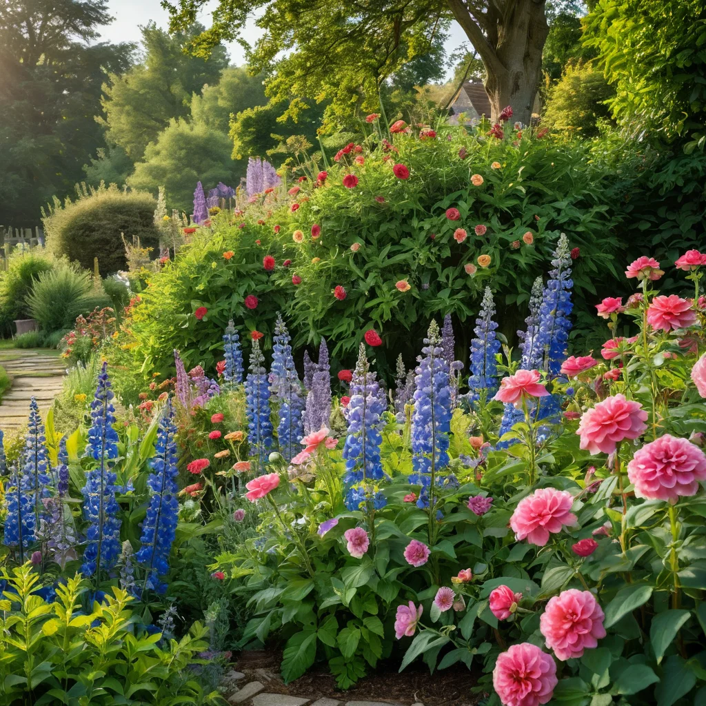 Фотореалистичный крупный план смешанных цветов, расположенных в последовательности цветения от весны до осени: дельфиниумы, розы, астры, георгины. Детализированная визуализация схемы посадки для клумбы-календаря.