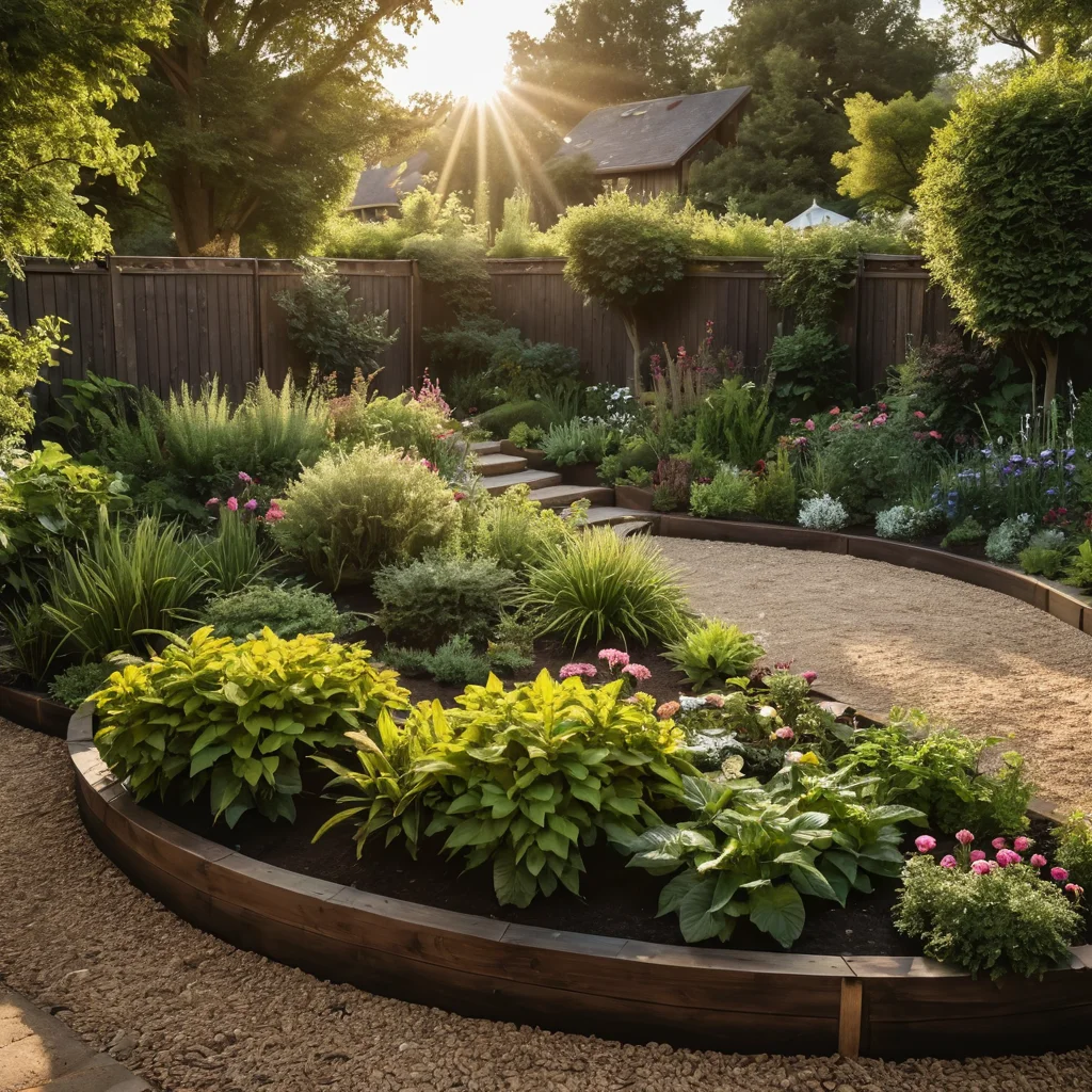 Фотореалистичное изображение солнечного уголка сада с хорошо дренированной, плодородной темной почвой, готовой для создания клумбы-календаря. Виден элемент приподнятой клумбы с деревянным бордюром, подчеркивающий важность правильного места и почвы.