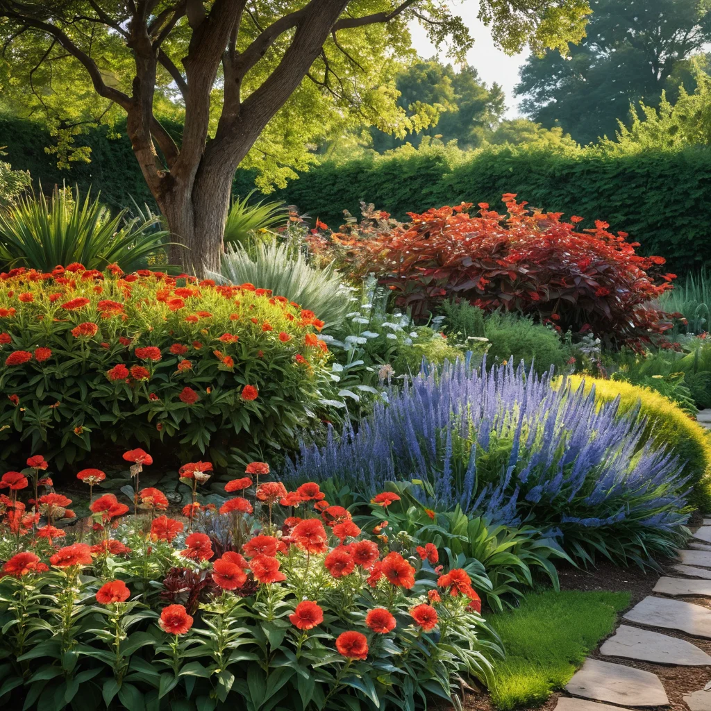 Цветовая палитра для зодиакальной клумбы, демонстрирующая гармоничные оттенки: огненно-красные, прохладно-синие, землисто-коричневые и воздушные белые, расположенные в виде изысканного градиента.