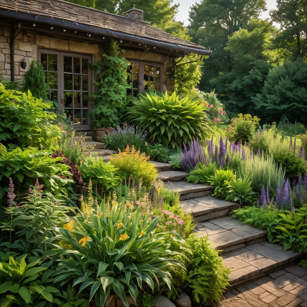 Подборка растений для клумбы по знаку зодиака, демонстрирующая гармонию стихий: огненные цветы, водные растения, земная зелень и воздушные травы, с разнообразными текстурами и яркими цветами.