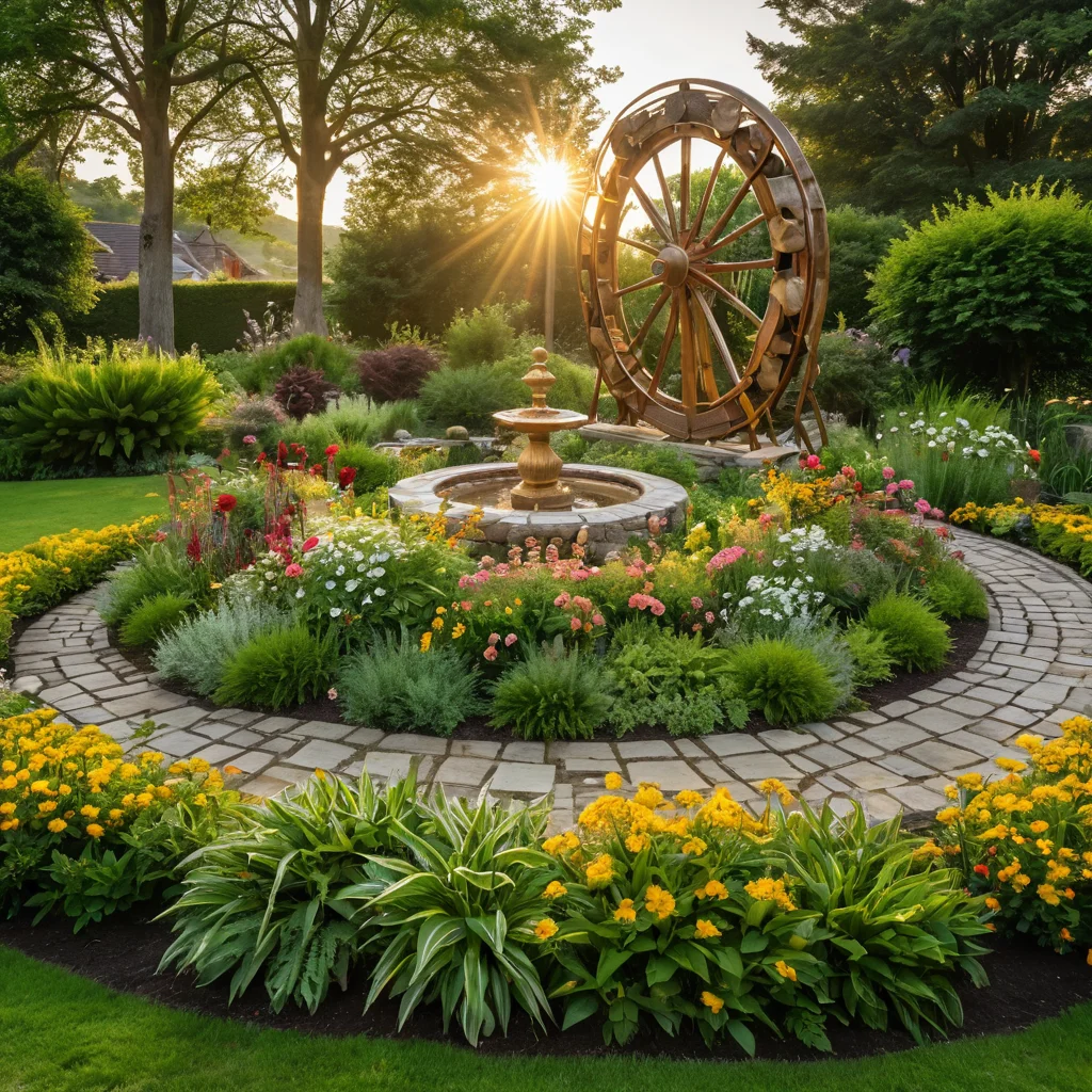 Композиция зодиакальной клумбы с астрологическим колесом в центре, украшенная смешанными цветами, декоративными камнями и садовыми элементами, создающая гармоничный и эстетичный вид.