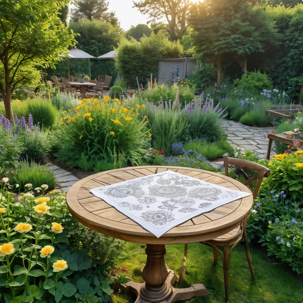 Эскиз клумбы по знаку зодиака, выполненный на фоне деревенского стола с карандашом и бумагой, демонстрирующий планировку, астрологические символы и концепцию дизайна.