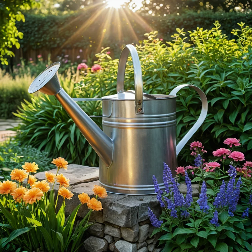 Уход за клумбой по знакам зодиака: крупный план, демонстрирующий избирательный полив, подкормку растений и защиту от вредителей, с акцентом на здоровые и пышные цветы.