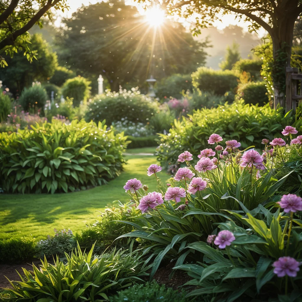 Волшебная клумба, оформленная в стиле знаков зодиака, излучающая астрологический шарм и мистическую атмосферу, с кинематографическим освещением и каплями росы.