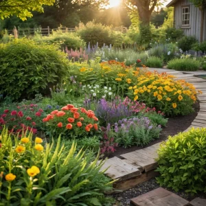 Яркая клумба в форме палитры художника, украшенная разнообразными весенними цветами, расположенная на фоне уютного загородного сада, созданная своими руками.