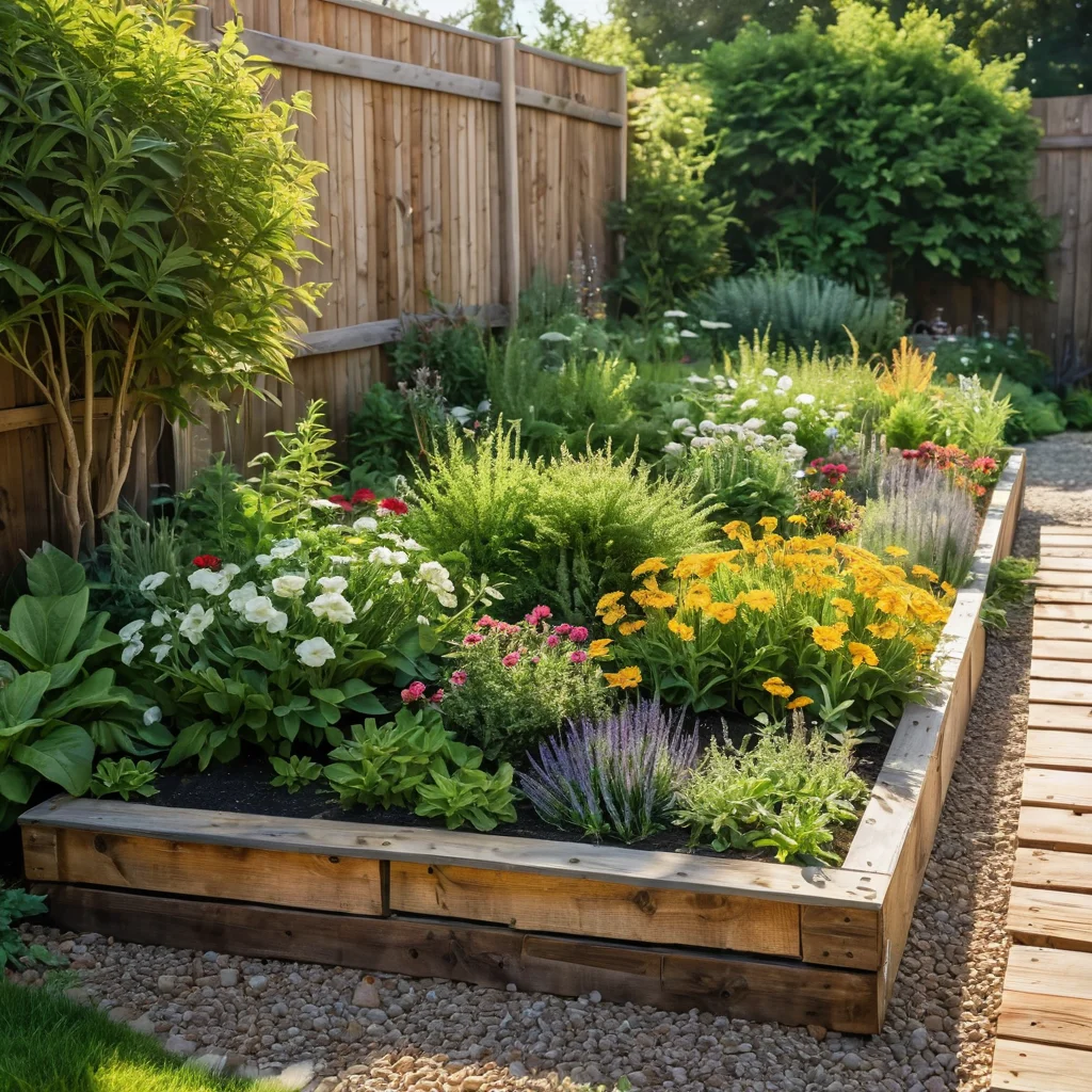 Клумба-палитра, изготовленная из состаренных деревянных досок, с яркими пятнами краски, демонстрирующая оригинальные материалы для создания арт-объекта в саду.