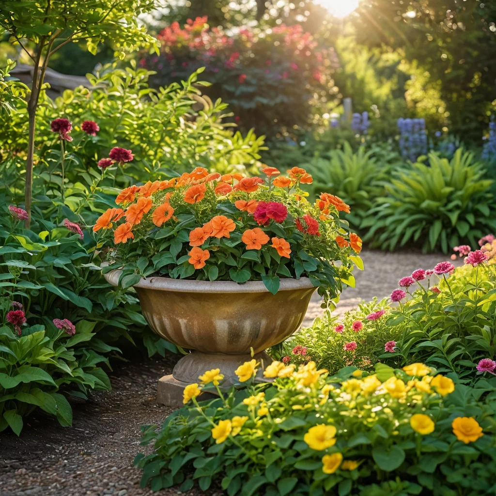 Уход за клумбой-палитрой: крупный план процесса полива ярких и здоровых цветов, расположенных на клумбе в форме палитры в солнечный день.