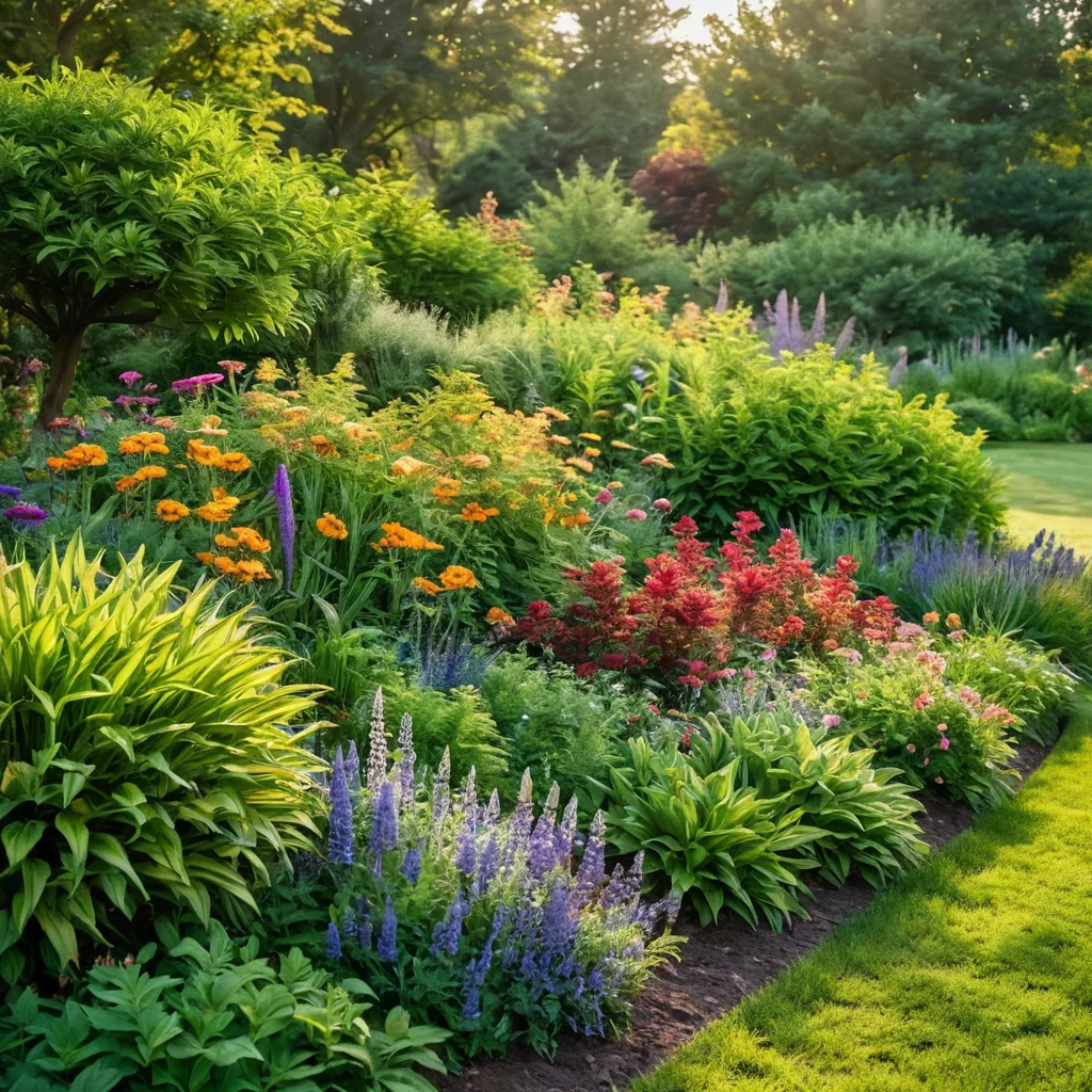 Крупная клумба в форме палитры художника с обильным цветением летних многолетних растений, создающая живописную цветовую палитру в саду.