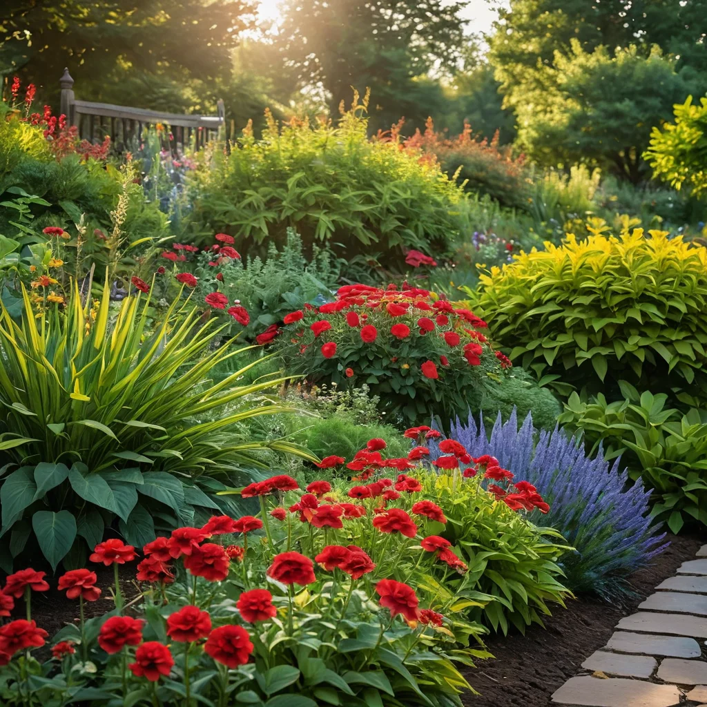 Гармоничные цветовые сочетания растений для клумбы-палитры: яркие красные, желтые и синие цветы, дополненные пышной зеленью, имитирующие краски на палитре.