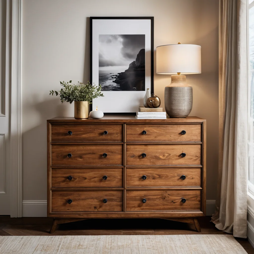 Элегантный деревянный комод с идеально организованным хранением и стильным декором, демонстрирующий уют и преображение дома своими руками. Видны элементы DIY.