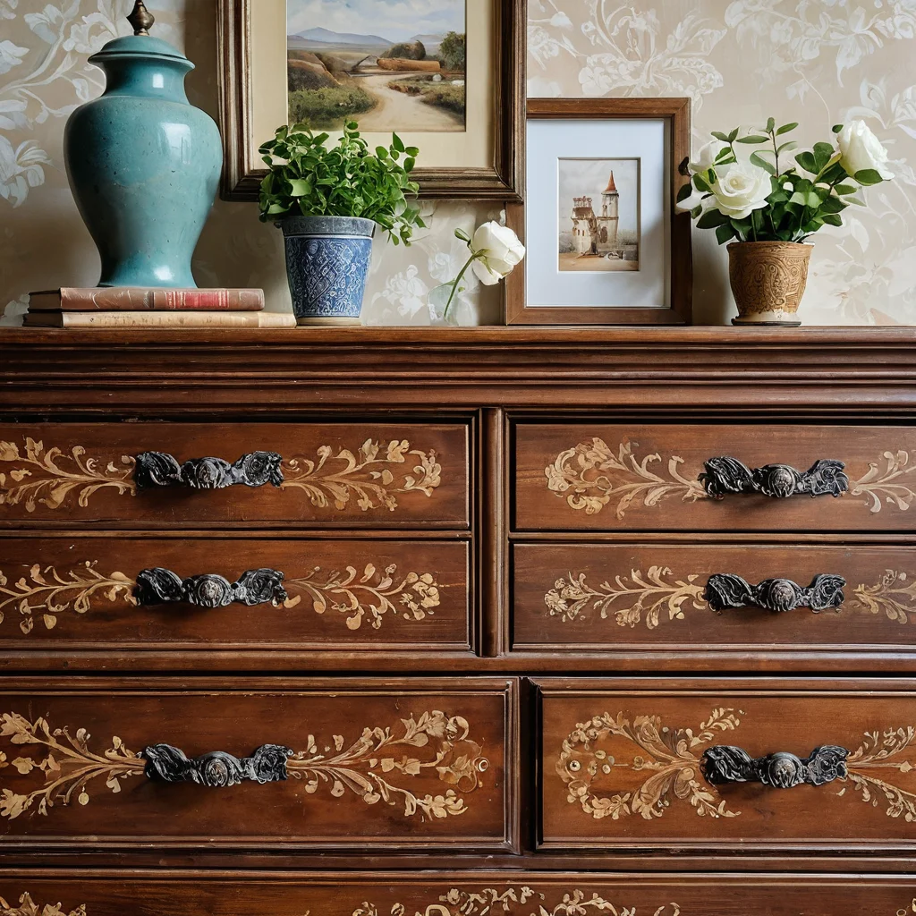 Крупный план преображения старого комода с использованием популярных DIY-техник: частичная покраска, замена ручек, декупаж, и другие элементы творческого обновления.