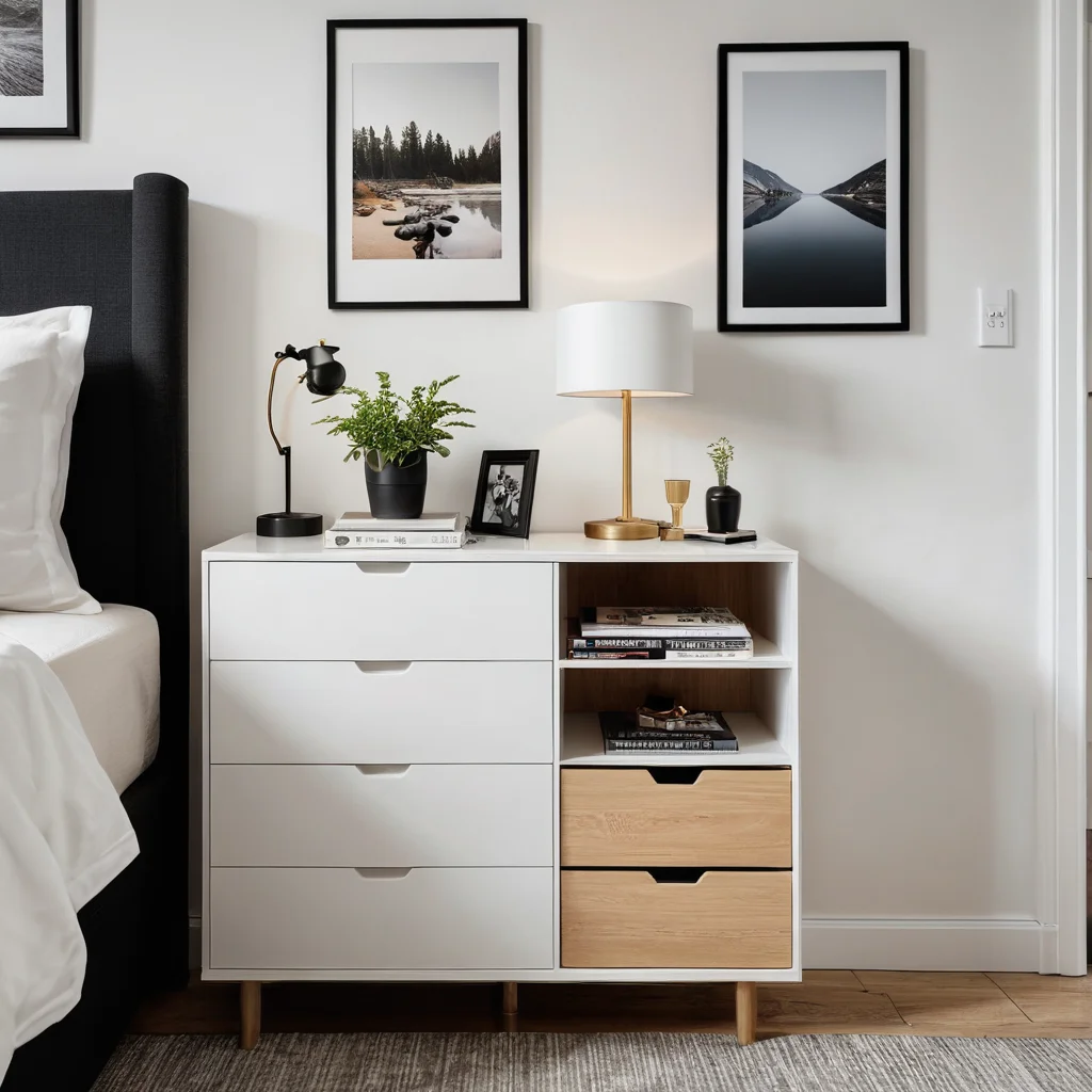 Компактная тумба или комод, искусно встроенные в маленькое пространство или нестандартный интерьер, демонстрирующие умные решения для хранения и максимизацию функциональности.