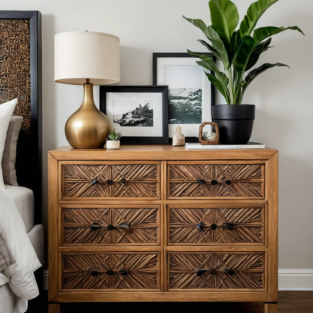 Комод, украшенный несколькими креативными DIY-идеями: уникальные ручки, декоративные узоры на фасадах, стильные аксессуары и растения, вдохновляющие на персональный декор.