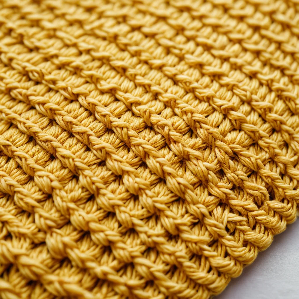 Крупный план идеально обработанного края коврика из желтой трикотажной пряжи, связанного крючком. Четко видны аккуратные петли и скрытые концы, что придает изделию долговечность и безупречный вид.