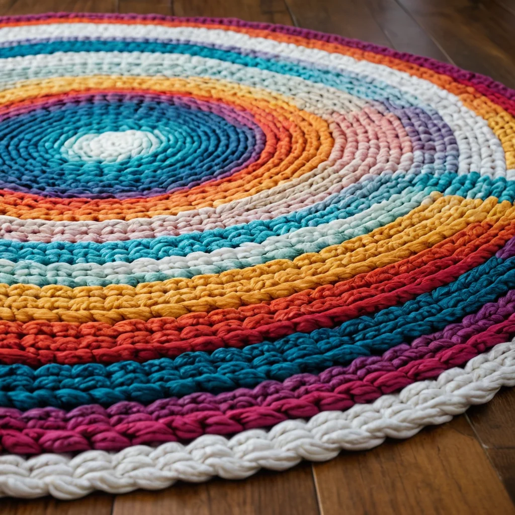 Красивый круглый коврик, связанный крючком из трикотажной пряжи, лежит на светлом деревянном полу, демонстрируя мягкость и уют. Фотография подчеркивает преимущества этой простой, но эффектной техники вязания.
