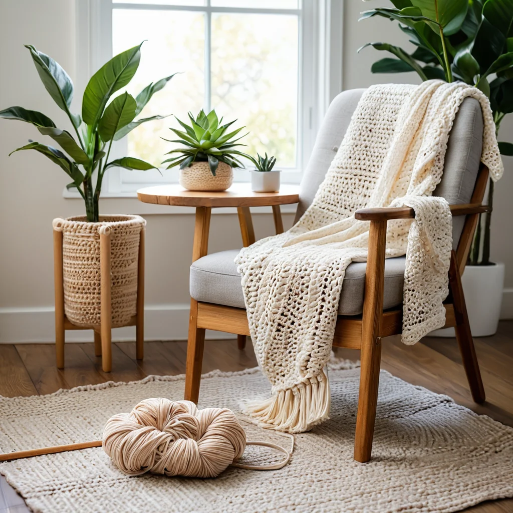 Уютный уголок для рукоделия с мягким креслом и небольшим столиком, на котором лежит начатый проект из трикотажной пряжи и крючок. Сцена демонстрирует важность подготовки рабочего пространства и эргономики для комфортного вязания коврика.