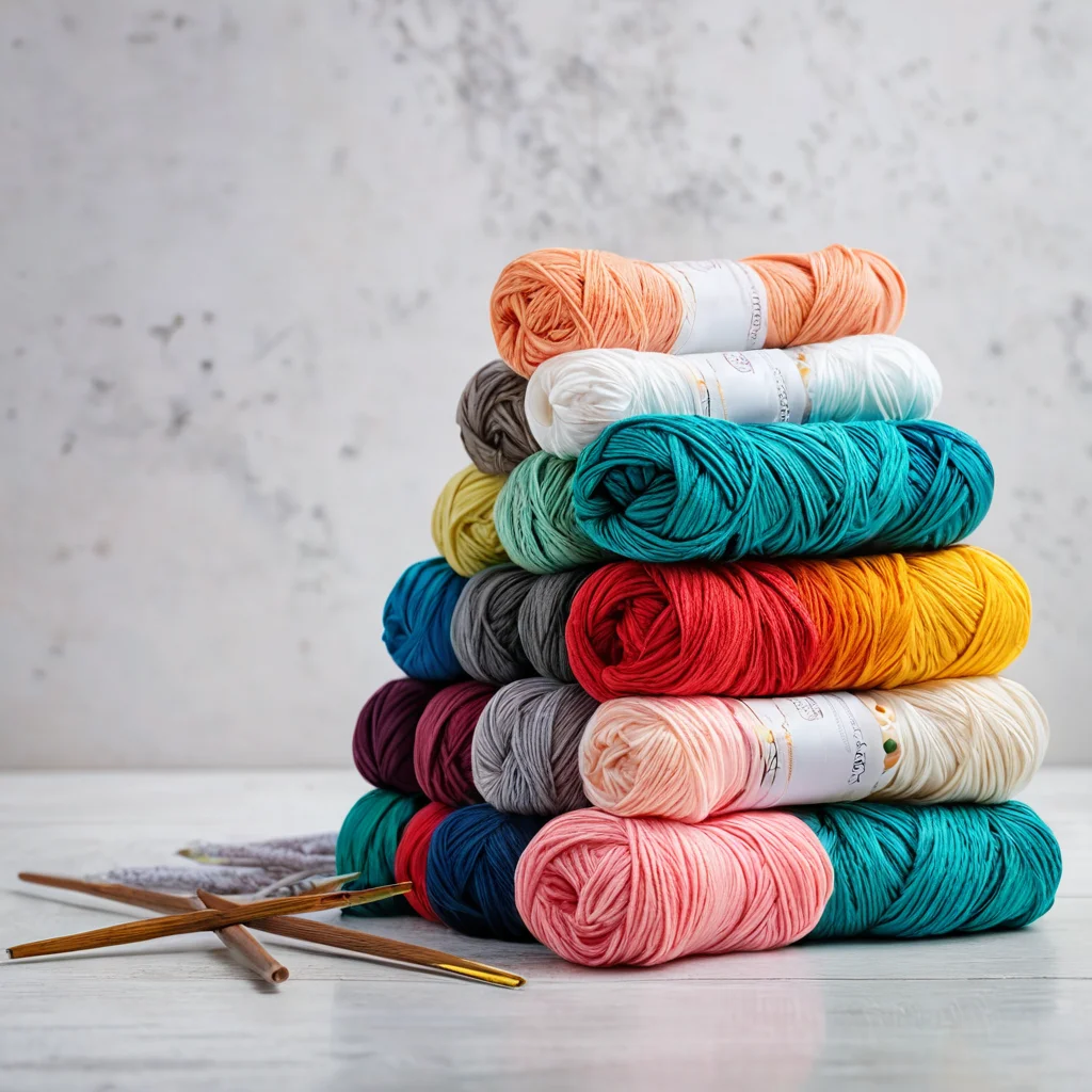 Набор материалов и инструментов для вязания: несколько мотков разноцветной трикотажной пряжи аккуратно разложены рядом с металлическими крючками разного размера. Фотография иллюстрирует выбор идеальной пряжи и крючка для создания коврика.