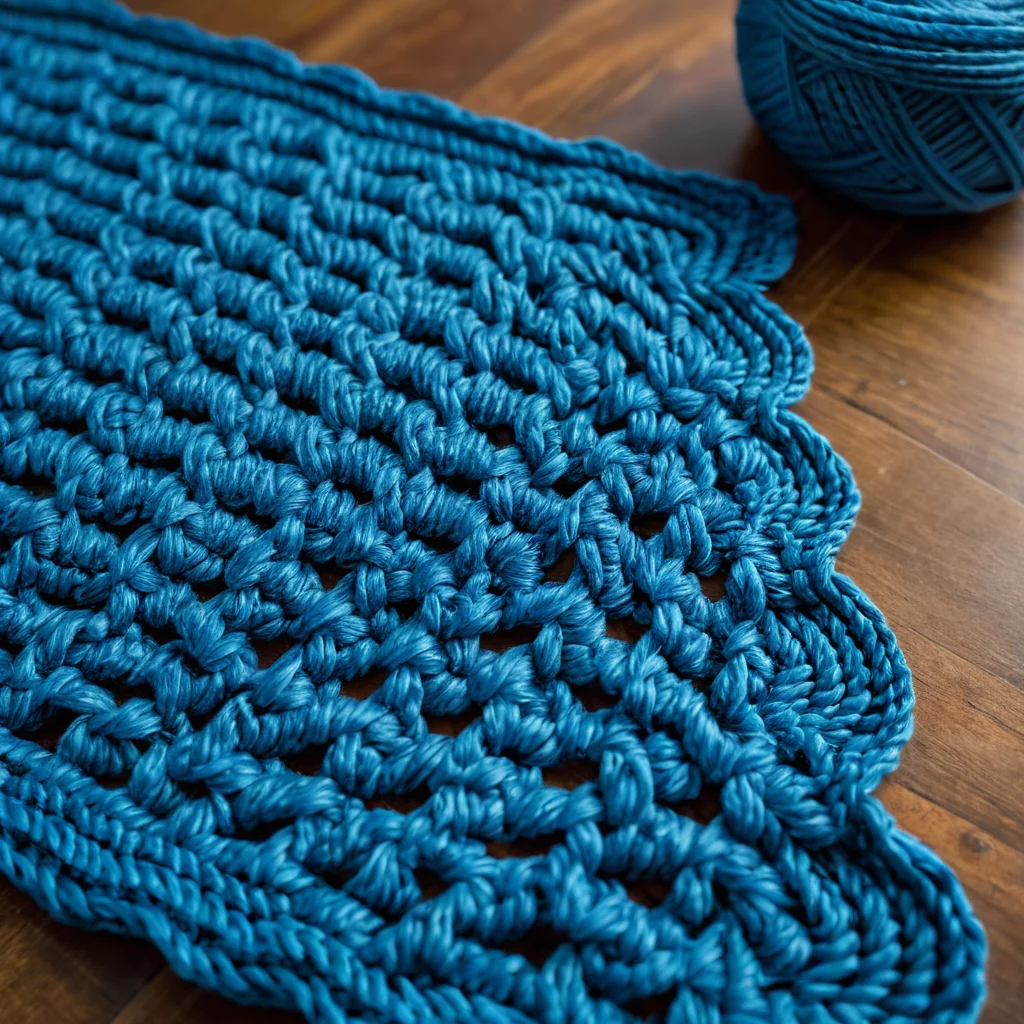 Фрагмент почти готового коврика из трикотажной пряжи синего цвета, связанного крючком, с хорошо видимыми прибавками и формированием узора полотна. Иллюстрация демонстрирует этап создания текстуры и увеличения размера.