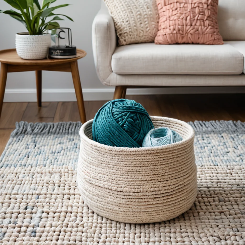 Готовый круглый коврик из трикотажной пряжи, связанный крючком, уютно лежит в современной гостиной, рядом стоит небольшой декоративный предмет (корзина) из той же пряжи. Фотография вдохновляет на новые идеи творчества и напоминает об уходе за изделием.