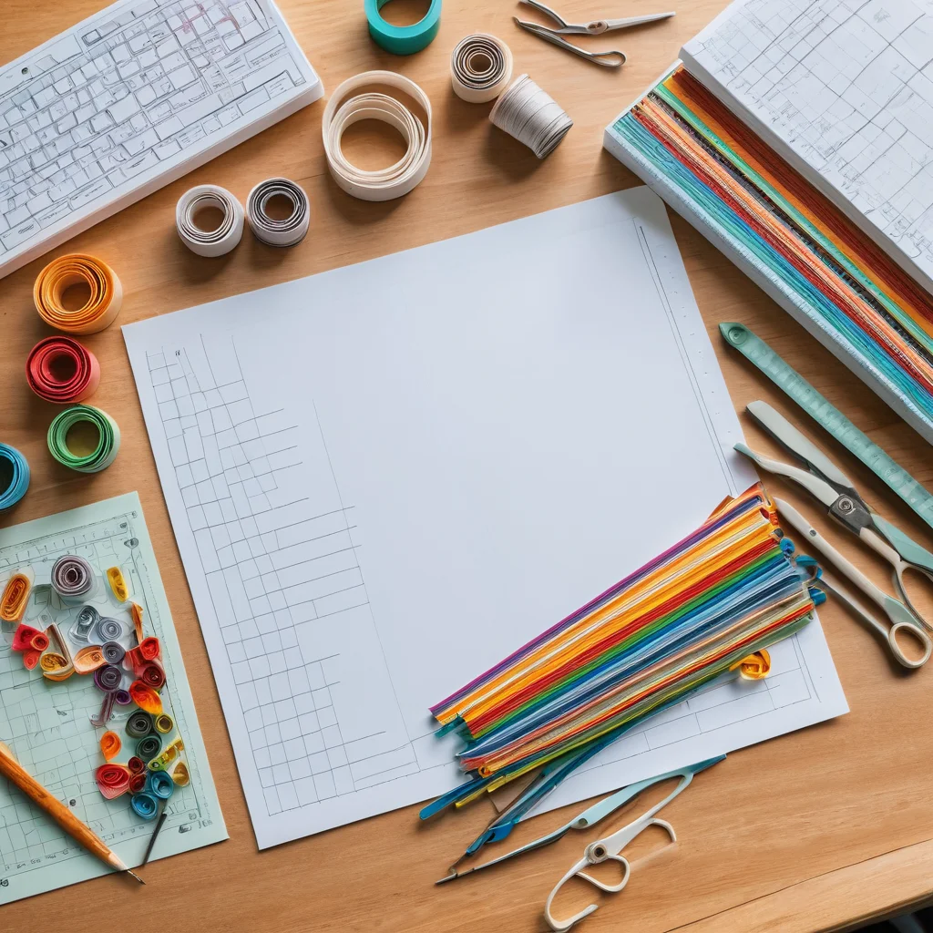Идеально организованное рабочее пространство для квиллинга с режущим ковриком, линейкой, ножом для бумаги и аккуратными стопками нарезанных бумажных полосок, готовых к творчеству и правильной нарезке бумаги.