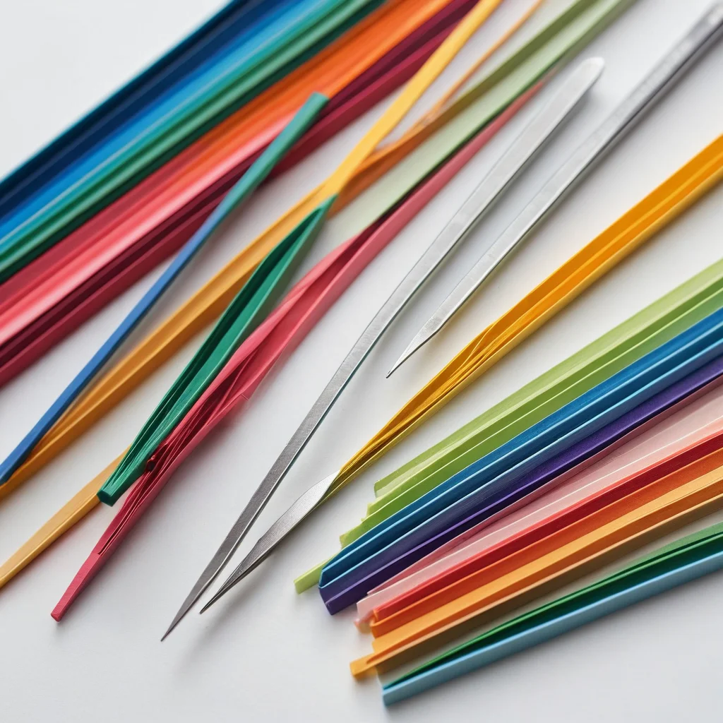 Аккуратно разложенный набор инструментов и материалов для квиллинга: разноцветные бумажные полоски, инструмент для скручивания, пинцет, клей, демонстрирующий полный арсенал мастера для работы с бумагой.