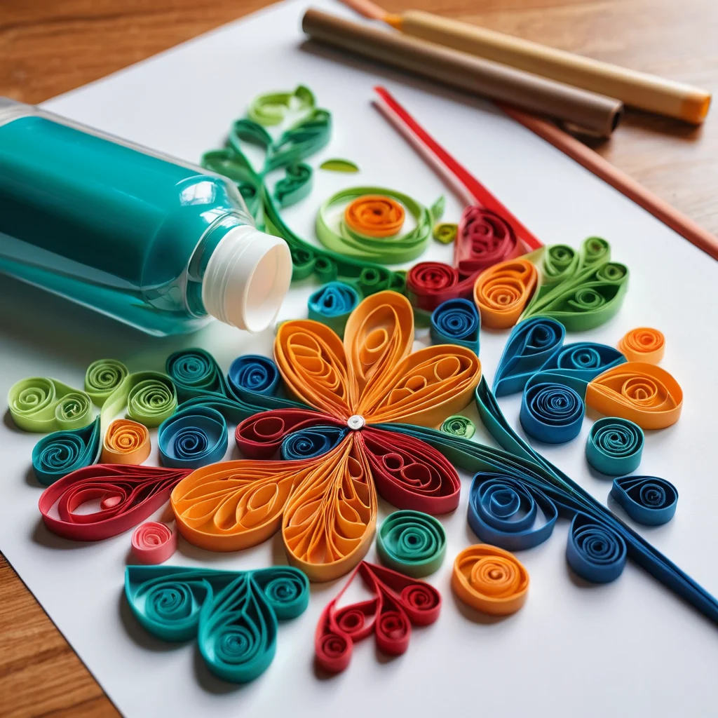 Частично собранная композиция квиллинга на рабочем столе, демонстрирующая процесс склеивания элементов, основы композиции и профессиональные приемы финишной обработки для создания шедевра.