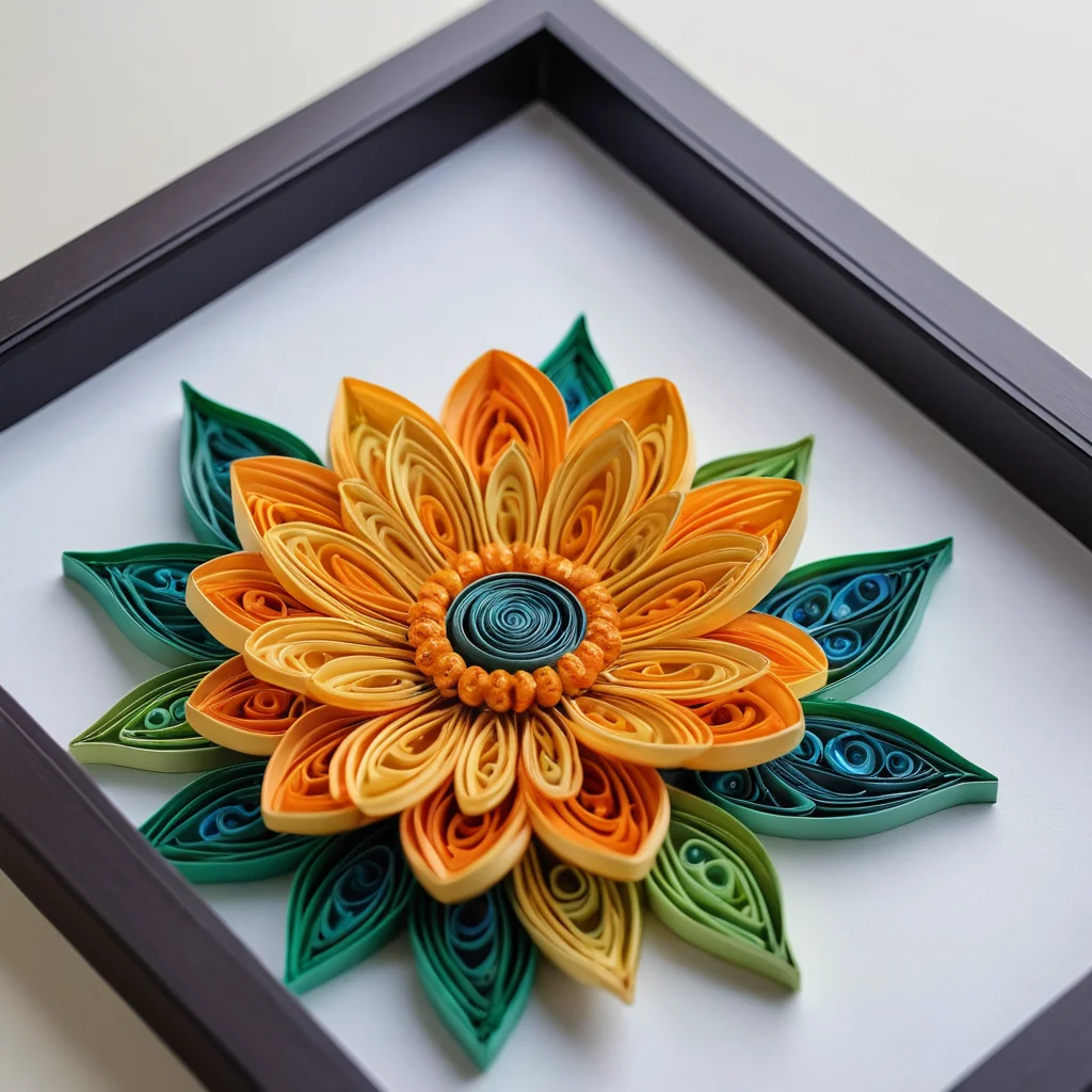 Красиво оформленное готовое изделие квиллинга, например, рамка с объемным бумажным цветком, демонстрирующая идеи для вдохновения и важность правильного ухода за квиллинг-изделиями.