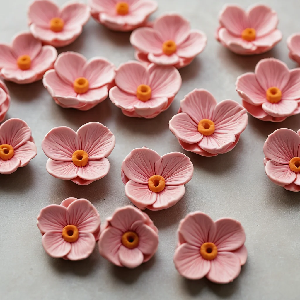 Примеры первых шагов в лепке из полимерной глины: простые объемные элементы, такие как лепесток цветка, небольшая бусина или свернутые спирали, демонстрирующие освоение базовых техник для начинающих.