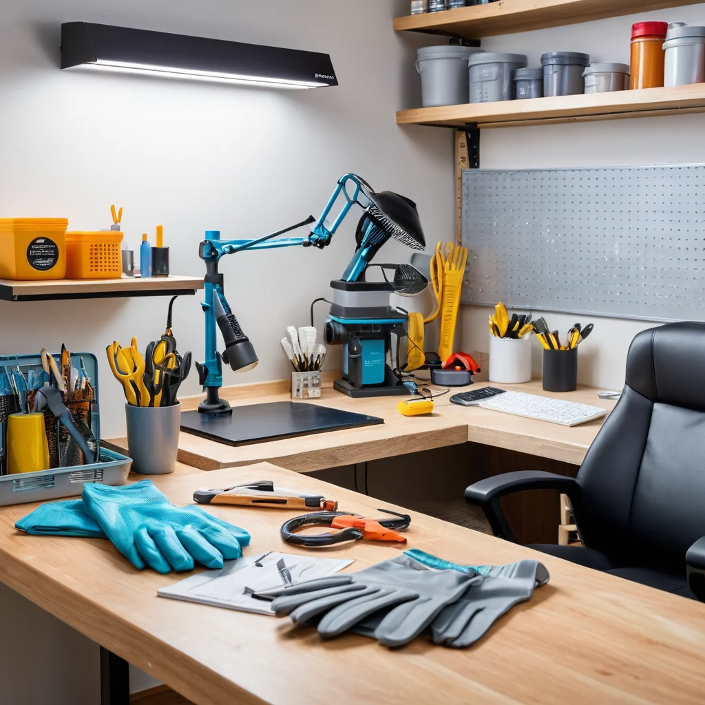 Идеально организованное рабочее место для лепки из полимерной глины, с акцентом на безопасность и комфорт: перчатки, хорошее освещение, вентиляция, чистая поверхность, демонстрирующая важность организации и защиты здоровья мастера.