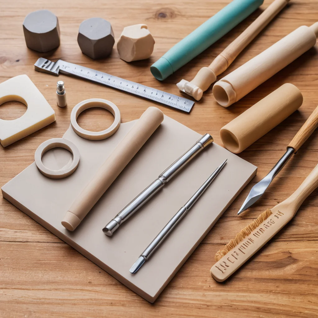 Аккуратно разложенный стартовый набор для лепки из полимерной глины: разноцветные бруски глины, основные инструменты (стеки, скалка, лезвия), рабочая поверхность, готовые к использованию для первых работ новичка.